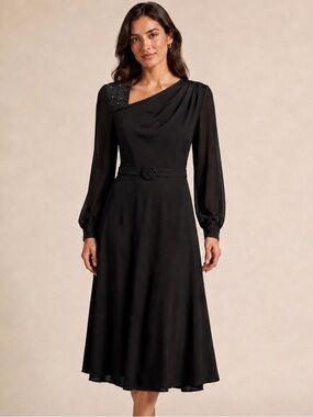 Black Midi Dress with Sheer Long Sleeves and Decorative Belt
